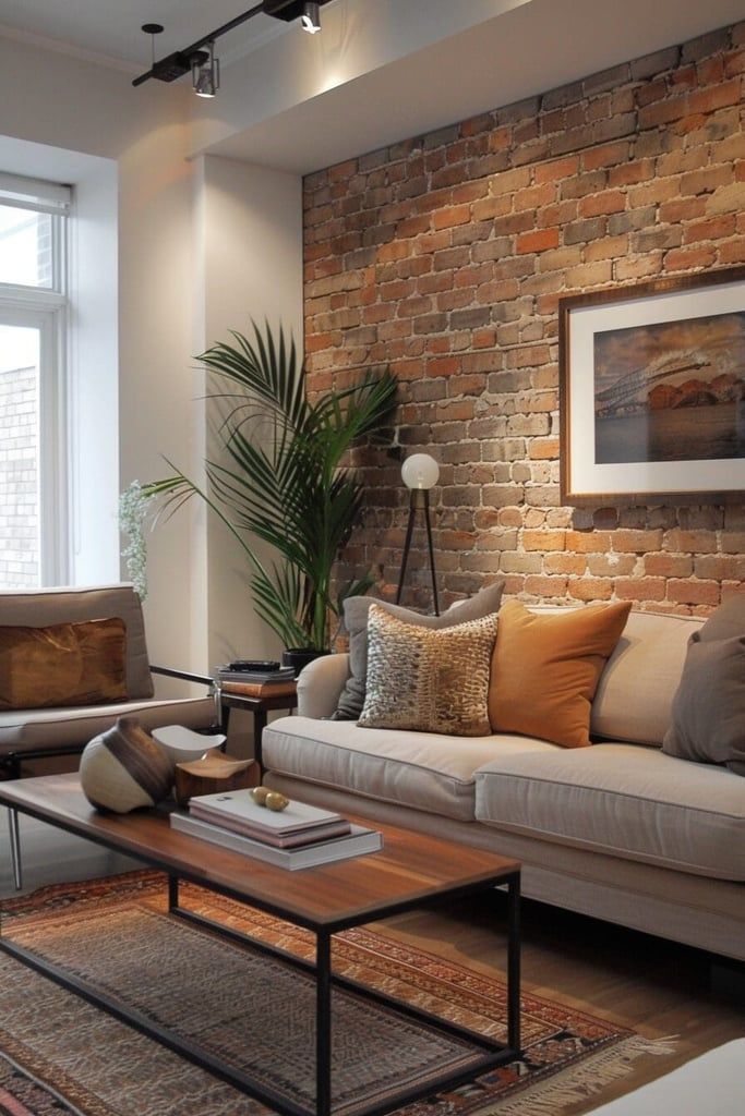 Double-height living room with an exposed red brick wall, arched black-framed windows and a white staircase