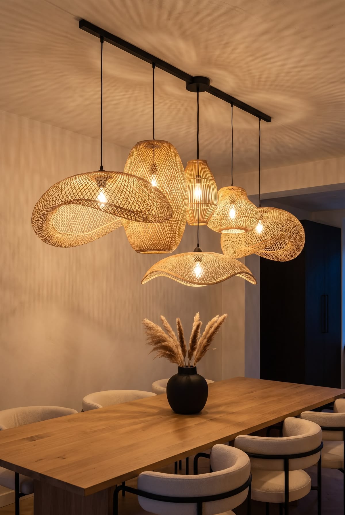 Dining room with arched wall niches, a tiered pendant light and checked dining chairs