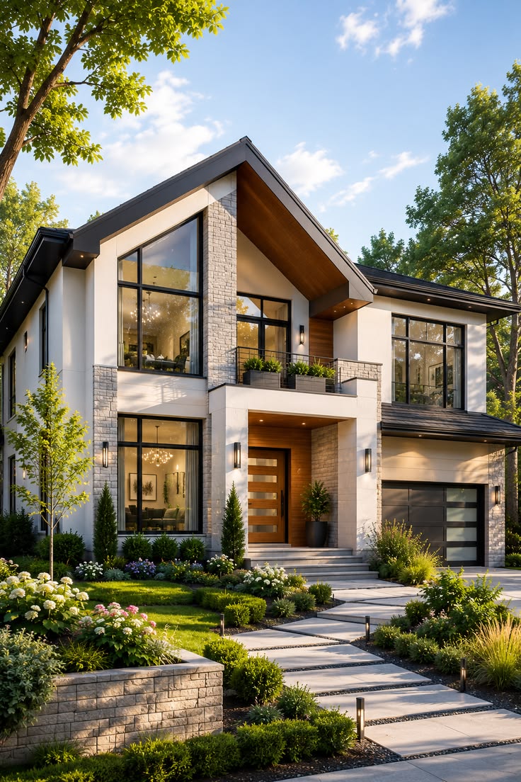 Renovated home exterior with pale brick, black-framed windows and dark vertical cladding