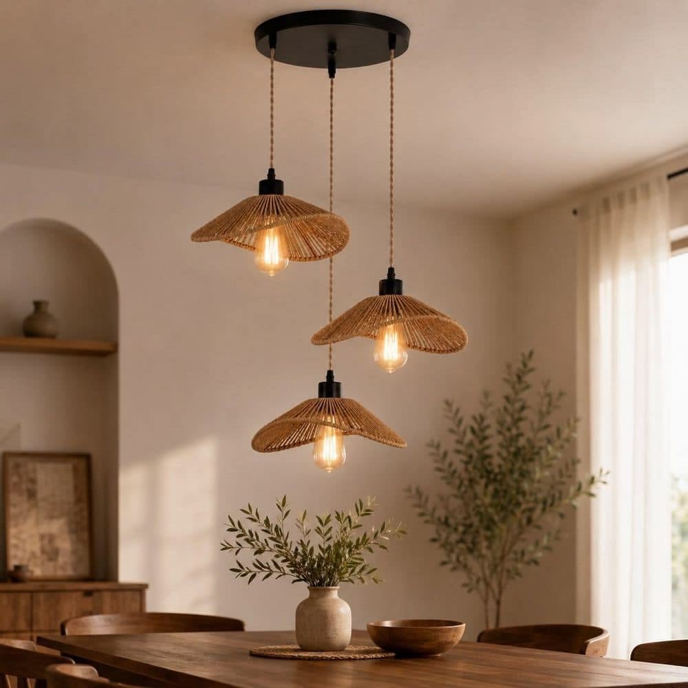 Dining room with a pale blue feature wall, black pendant lights on cables and teak chairs beside a wooden platform
